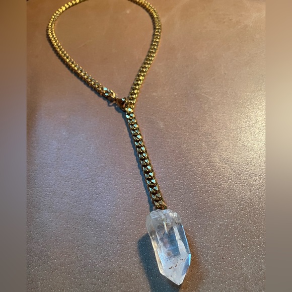 Crystal quartz lariat necklace adjustable gold plated curb chain boho layering - Picture 4 of 6